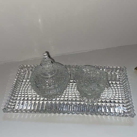 not marked Other - Brilliant vintage cut clear glass cream , and lidded sugar.